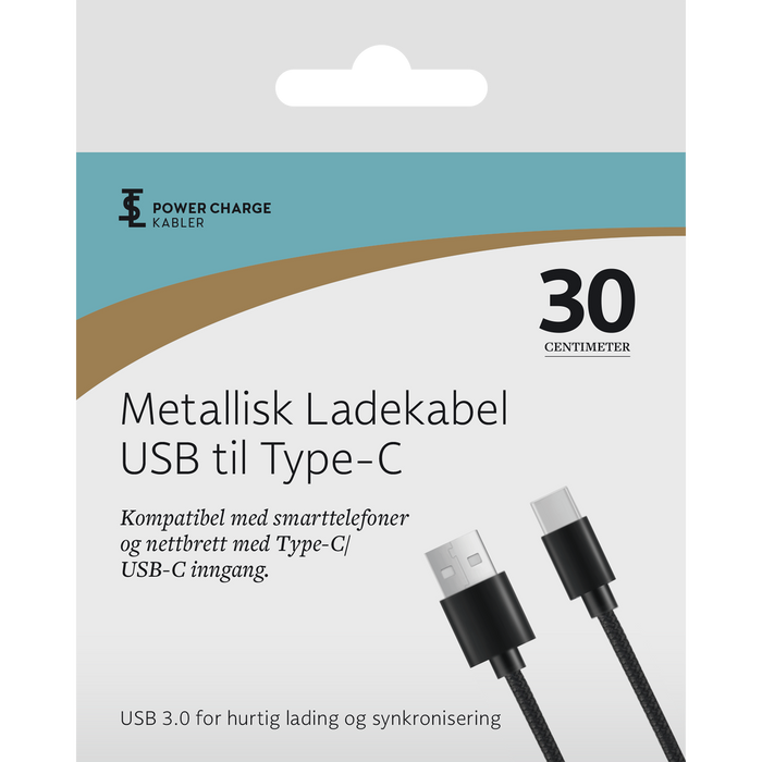 LADEKABEL METALLISK FOR USB TIL USB-C 30 CM SORT
